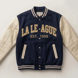 Könnte beinhalten: Marineblaue Collegejacke mit cremefarbenen Ärmeln. Auf der Brust steht in goldener Schrift "LA LEAGUE EST. 1956". Gerippte Bündchen und Kragen mit weißen Streifen.