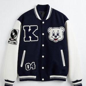 Vintage DJ Vinyl Record Varsity Jacket | Custom Letter K Bear Patch Letterman | Retro Hip Hop Music Producer Wool Coat XS to 9XL