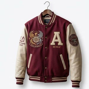 Könnte beinhalten: Burgunderrote und cremefarbene Collegejacke mit dem Buchstaben "A" und "MCMVL" auf der Vorderseite. Die Jacke hat Aufnäher mit einem Wappen, einem Buch und einem kreisförmigen Emblem. Die Ärmel sind cremefarben, und die Jacke hängt an einem Holzbügel.