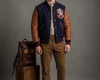 Anpassad Letterman Varsity-jacka | Marinblå ull- och brunt läderbombjacka | Lejonvapenmärke | Personliga sportkläder | Storlekar XS till 6XL | 2026