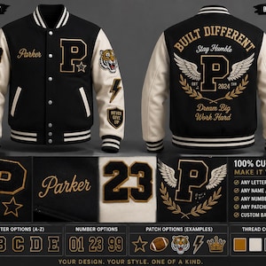 Peut inclure: Une veste universitaire noire et crème avec une lettre P, le nom Parker, une tête de tigre, un ballon de football, un éclair et le texte Built Different, Stay Humble, Dream Big Work Hard. Le design inclut des options de lettres, chiffres et écussons.