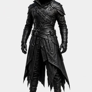 May include: A black hooded long coat featuring multiple buckled straps across the chest, shoulder armour plates, and long sleeves with matching gauntlets. The garment includes a layered, jagged-hem skirt, fitted trousers, and buckled boots.