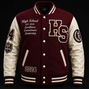 Puede incluir: Una chaqueta universitaria color granate y crema con las letras HS en el pecho, el texto High School EST. 2024 Excellence Commitment Leadership, el número 2024 y parches en las mangas que incluyen un emblema de antorcha y PRIDE HONOR.