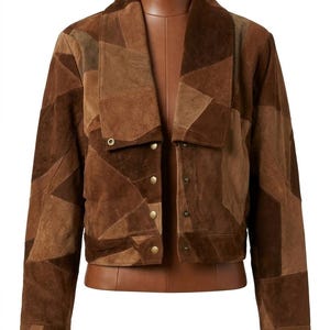 Chaqueta de ante marrón con retazos para mujer / Abrigo corto estilo western boho, prenda exterior retro de cuero genuino, ropa de tallas grandes personalizadas hasta la 9XL.