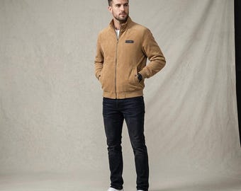 Herr premium fleecefodrad manchesterjacka med Harrington-motiv: Vintage slim fit vinterbomberjacka, varm termisk vindjacka med ståkrage och ribbor