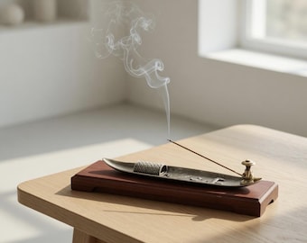 Elegant Incense Holder with Wooden Base – Minimalist Metal Incense Burner – Zen Home Decor – Meditation & Relaxation Gift