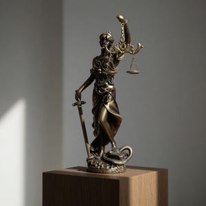 Peut inclure: Statue en bronze de la Justice, les yeux bandés, tenant une balance et une épée. La statue est sur un socle en bois, avec un serpent à ses pieds. Symbole de la loi et de la justice.