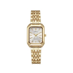 May include: A gold-coloured rectangular wristwatch with a gold band. The watch face is a light colour with gold hands and markers. The watch has the word "KIMFLY" and "QUARTZ" printed on the face.