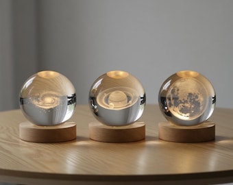 Crystal Ball Table Lamp | LED Glass Sphere Light | Minimalist Wooden Base Lamp | Modern Ambient Night Light | Unique Home Decor Gift