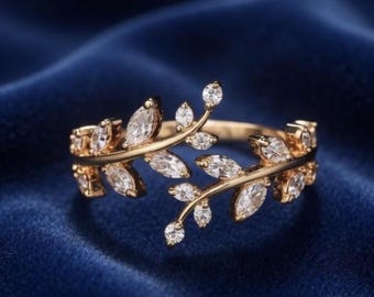 Goldblatt-Ring – Kristallranken-Ring – Verstellbarer offener Ring – Eleganter, von der Natur inspirierter Schmuck – Minimalistischer Goldring – Geschenk für Sie