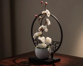 Minimalistische Keramikvase mit modernem Metallring | Blumenarrangement im Ikebana-Stil | Elegantes Deko-Element für Zuhause | Zen-inspiriertes Geschenk