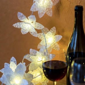 Peut inclure: Une guirlande de lumières féériques blanches en forme de fleurs illumine un fond chaleureux. Une bouteille de vin sombre et un verre de vin rouge sont au premier plan, suggérant une ambiance chaleureuse. Les lumières ajoutent une touche décorative.