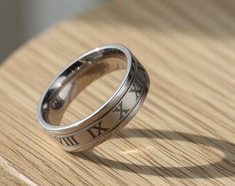 Anillo con números romanos – Anillo minimalista de acero inoxidable, elegante anillo de plata, regalo de joyería atemporal para él o ella, anillo apilable moderno