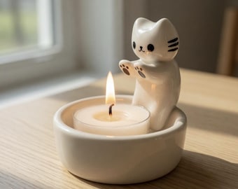 Niedlicher Katzen-Kerzenhalter – Kawaii-Teelichthalter in Katzenform aus Keramik – Minimalistische Wohndekoration – Gemütliches, ästhetisches Geschenk für Katzenliebhaber