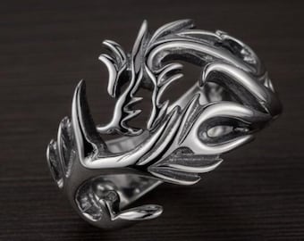 Drachenring – Fantasievoller Statement-Schmuck, gotischer verstellbarer Ring, mittelalterliches Fabelwesen, Unisex-Ring in Silberoptik