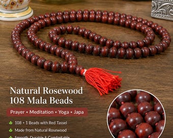 Natural Rosewood 108 Mala Beads, Red Sandalwood Prayer Rosary, Meditation Yoga Jewelry