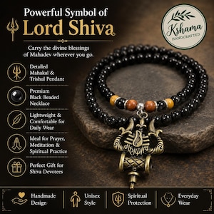 Vintage Brass Mahakal Trishul Pendant Necklace, Black Beads Mala, Hindu Protection Amulet
