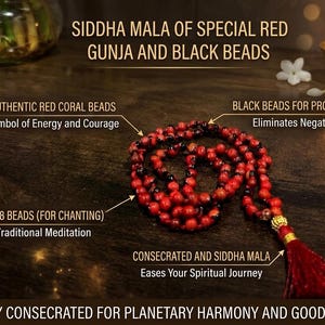 Könnte beinhalten: Eine Siddha Mala Kette mit 108 roten Gunja- und schwarzen Perlen, abgeschlossen mit einer goldfarbenen Perle und einer roten Quaste. Das Bild enthält den Text: SIDDHA MALA OF SPECIAL RED GUNJA AND BLACK BEADS, AUTHENTIC RED CORAL BEADS, BLACK BEADS FOR PROTECTION, COMPLETE 108 BEADS, CONSECRATED AND SIDDHA MALA, SPECIALLY CONSECRATED FOR PLANETARY HARMONY AND GOOD FORTUNE.