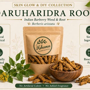 May include: A brown resealable pouch labelled Daruharidra Root and Kshama Handcrafted, containing woody pieces. A wooden bowl holds more root segments, with a green plant featuring yellow flowers nearby. Text includes Skin Glow & DIY Collection.