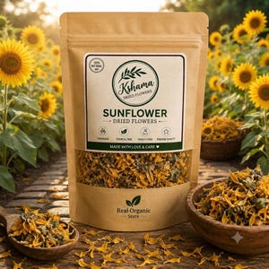 May include: A brown paper pouch containing dried sunflower petals with a label reading Kshama Dried Flowers, Sunflower Dried Flowers, and Real Organic Store. The pouch features icons for handmade, chemical free, cruelty free, and premium quality.