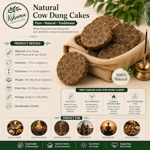 May include: Natural cow dung cakes labelled Kshama Handcrafted, made from sun-dried cow dung. The circular brown cakes are textured and stacked in a hessian bag. Text includes Product Details, 100% Natural, and Why Choose Our Cow Dung Cakes.