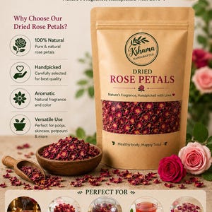 May include: A brown kraft paper pouch labeled Kshama Handcrafted Dried Rose Petals containing deep red dried rose petals. A wooden bowl filled with the same petals sits beside the pouch, accompanied by a small wooden scoop and fresh pink roses.