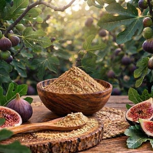 Polvere di fichi pura e naturale, superfood vegano, ingrediente per frullati e prodotti da forno.