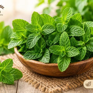 May include: A wooden bowl filled with fresh green mint leaves, accompanied by loose sprigs on the side. The text "Kshama handcrafted NATURAL | PURE | AUTHENTIC" appears in the top left, and a label reading "100% NATURAL PURE & AUTHENTIC" is in the bottom right.