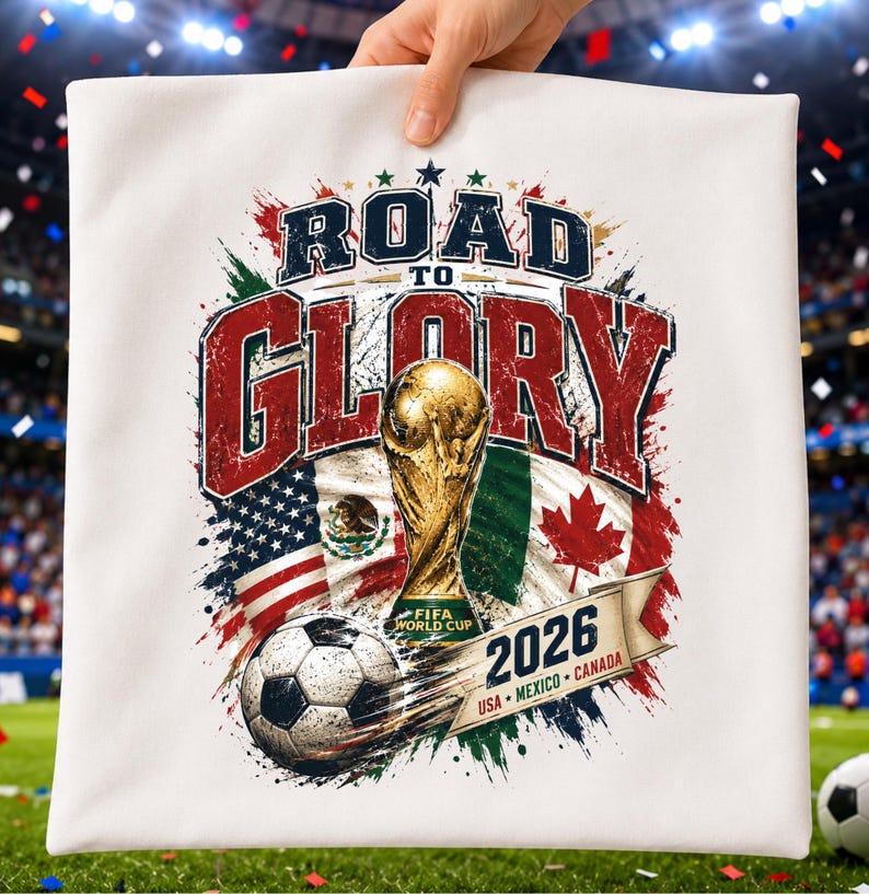 May include: A white square pillow featuring a graphic print with the text ROAD TO GLORY, a gold FIFA World Cup trophy, a soccer ball, and the flags of the USA, Mexico, and Canada, with the text 2026 USA MEXICO CANADA on a banner.