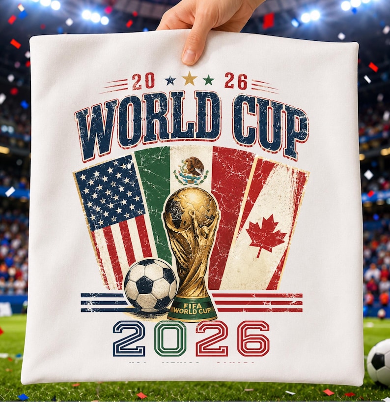 May include: A white fabric item featuring a 2026 World Cup graphic. The design includes the flags of the United States, Mexico, and Canada, a gold trophy, a soccer ball, and the text 2026 WORLD CUP in a distressed, vintage-style font.