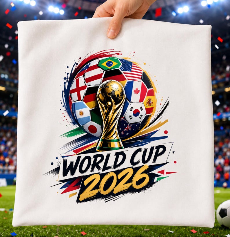 May include: A white square pillowcase featuring a graphic of a soccer ball composed of various national flags, a gold-colored trophy in the center, and the bold black and yellow text "WORLD CUP 2026" printed across the lower portion of the design.