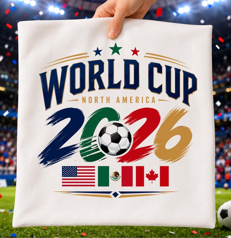 May include: A white fabric square featuring the text WORLD CUP NORTH AMERICA 2026 in dark blue. The number 2026 is stylized with brush strokes in blue, green, red, and gold, with a soccer ball in the center. Below are the flags of the USA, Mexico, and Canada.