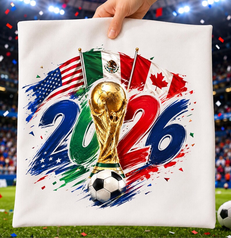 May include: A white square pillow featuring a graphic of the year 2026 in blue and red brushstrokes, a gold soccer trophy, a black and white soccer ball, and the flags of the United States, Mexico, and Canada arranged in a fan shape above the text.