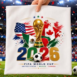 May include: A white square pillow featuring a graphic of the FIFA World Cup trophy, the flags of the United States, Mexico, and Canada, and the text 2026 FIFA WORLD CUP UNITED STATES MEXICO CANADA with a soccer ball centered in the number 2026.