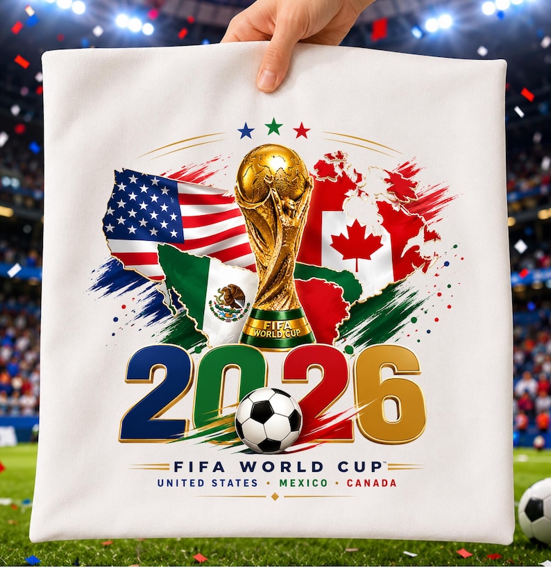 May include: A white square pillow featuring a graphic of the FIFA World Cup trophy, the flags of the United States, Mexico, and Canada, and the text 2026 FIFA WORLD CUP UNITED STATES MEXICO CANADA with a soccer ball centered in the number 2026.