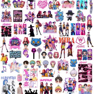 May include: A collection of colorful stickers and illustrations featuring K-pop group SAJABOYS, KPOP DEMON HUNTERS, and HUNTRIX. Designs include cartoon characters, logos, and text elements like "MIRA" and "BABY".