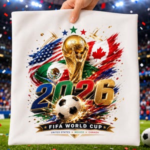 May include: A white square pillow featuring a graphic of the FIFA World Cup 2026 trophy, a soccer ball, and the flags of the United States, Mexico, and Canada. The design includes the text 2026, FIFA WORLD CUP, and UNITED STATES MEXICO CANADA.