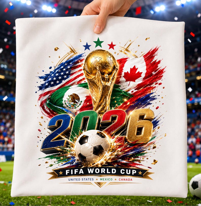 May include: A white square pillow featuring a graphic of the FIFA World Cup 2026 trophy, a soccer ball, and the flags of the United States, Mexico, and Canada. The design includes the text 2026, FIFA WORLD CUP, and UNITED STATES MEXICO CANADA.
