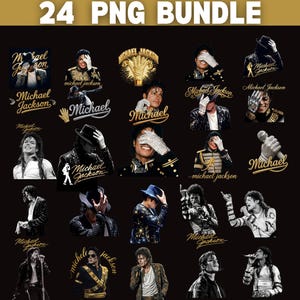 Puede incluir: Un conjunto de 24 imágenes PNG que presentan a Michael Jackson en varias poses. Las imágenes incluyen superposiciones de texto con el nombre "Michael Jackson" y la palabra "Michael" en fuentes doradas y blancas, sobre un fondo negro.