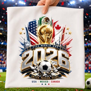 May include: A white fabric square featuring a FIFA World Cup 2026 graphic with the flags of the USA, Mexico, and Canada, a gold trophy, a soccer ball, and the text "FIFA WORLD CUP 2026 UNITED. PASSION. GLORY. USA MEXICO CANADA" with stars.