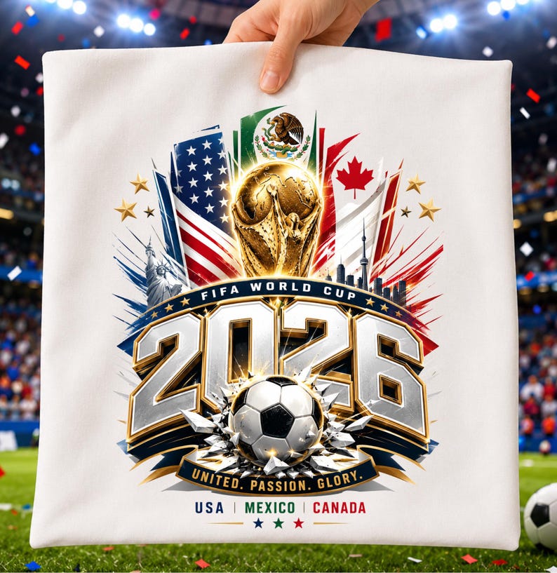 May include: A white fabric square featuring a FIFA World Cup 2026 graphic with the flags of the USA, Mexico, and Canada, a gold trophy, a soccer ball, and the text "FIFA WORLD CUP 2026 UNITED. PASSION. GLORY. USA MEXICO CANADA" with stars.