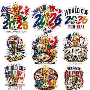 Op de afbeelding: Een verzameling van negen grafische ontwerpen met de FIFA World Cup 2026 trofee, voetballen en de vlaggen van de Verenigde Staten, Mexico en Canada. Elk ontwerp bevat de tekst 2026 en World Cup met diverse artistieke penseelstreken.