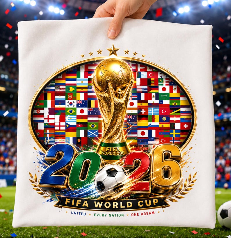 May include: A white square pillow featuring a gold FIFA World Cup trophy centered within an oval frame of international flags. Below, the text 20-26 appears in large metallic numbers with a soccer ball, followed by FIFA WORLD CUP UNITED EVERY NATION ONE DREAM.