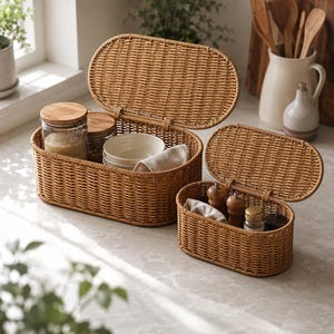 May include: Three woven wicker storage baskets with hinged lids. The baskets are oval-shaped and contain various kitchen items, including jars, bowls, and spices. The wicker has a warm, natural brown color, and the lids are open, revealing the contents.
