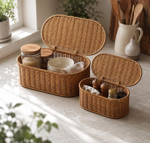 Woven Storage Basket with Lid, Rattan Oval Basket, Kitchen Organizer, Boho Home Decor, Eco Friendly Storage, Handmade