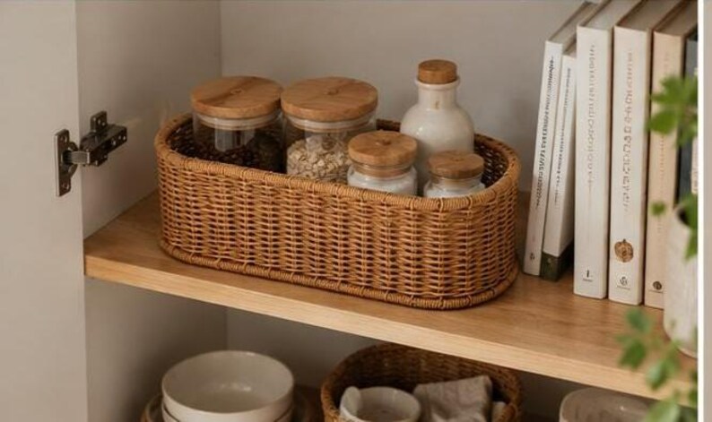 May include: A woven wicker basket filled with glass jars and a white ceramic bottle with wooden lids. The basket sits on a wooden shelf, alongside a stack of books. The jars contain grains and other dry goods.
