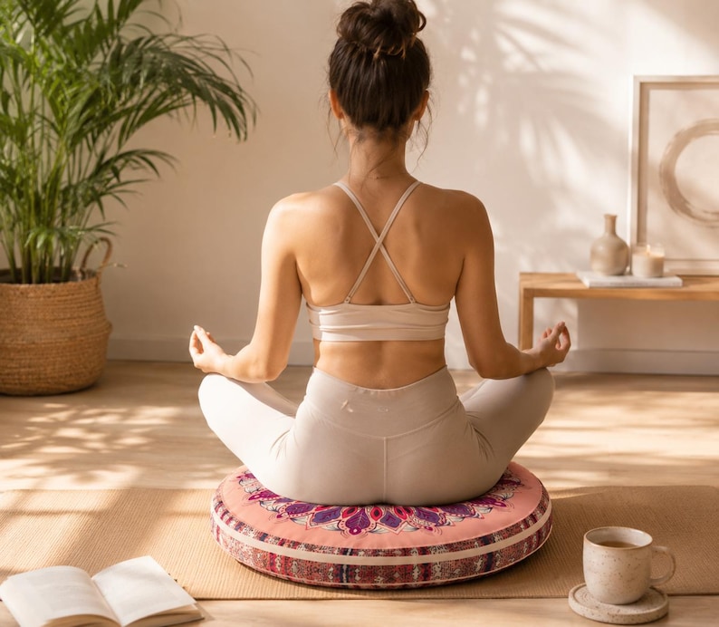 May include: A round floor cushion featuring a pink top surface with a detailed purple and white mandala pattern, and a dark red patterned side band. The cushion is circular in shape and sits flat on a light-colored surface.