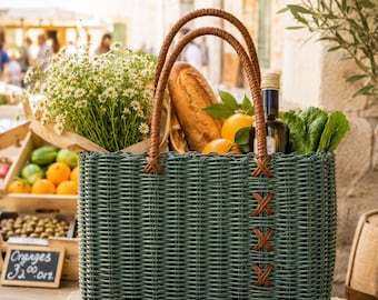 Cesta de almacenamiento tejida a mano con asa, organizador de cestas tejidas, cesta de picnic estilo bohemio, bolsa de mercado hecha a mano, cesta de decoración rústica para el hogar.
