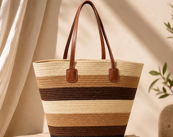 Große Strohtasche mit Reißverschluss, gewebte Strandtasche für Damen, übergroße Sommerhandtasche, Boho-Schultertasche, Reisetasche