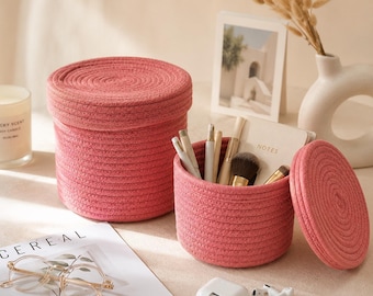 Woven Storage Basket With Lid, Cotton Rope Basket, Woven Basket Organizer, Bathroom Storage Basket, Desktop Organizer, Nursery Decor Bin